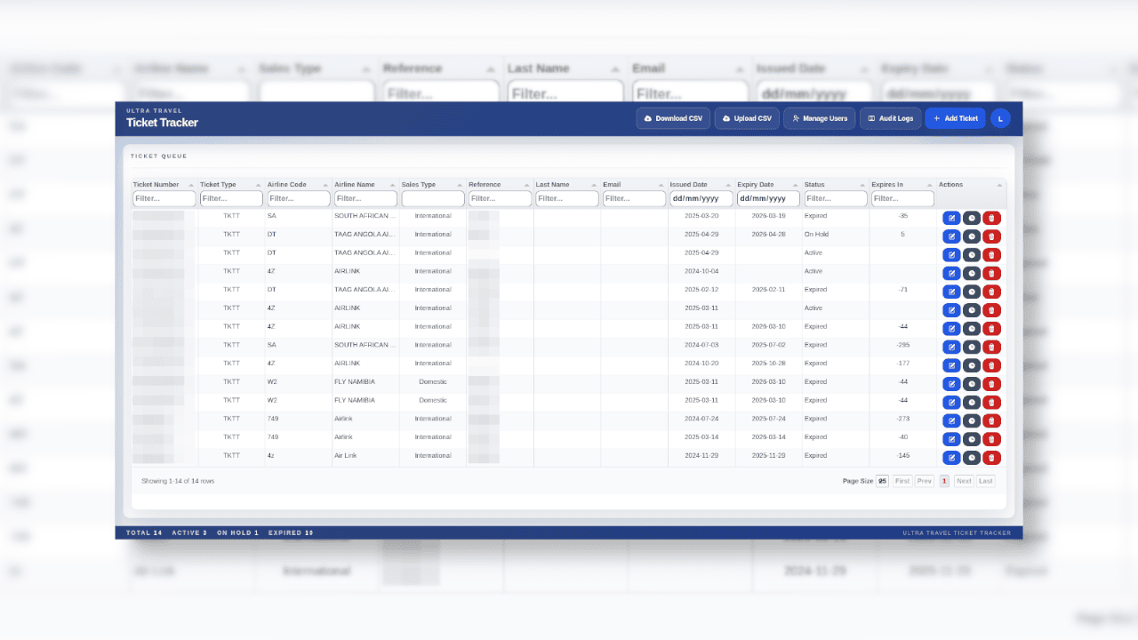 Air Travel Ticket Tracking System dashboard showing ticket status and booking records