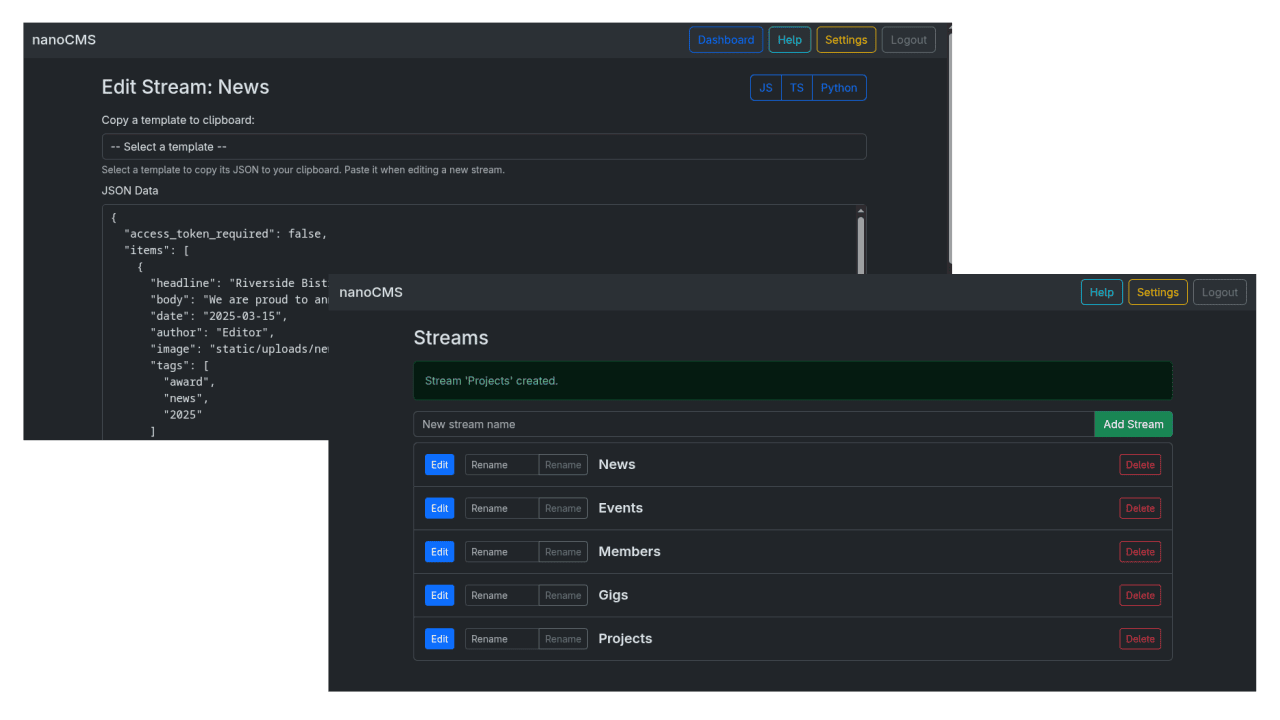 Custom CMS content editor showing a simple, lightweight interface