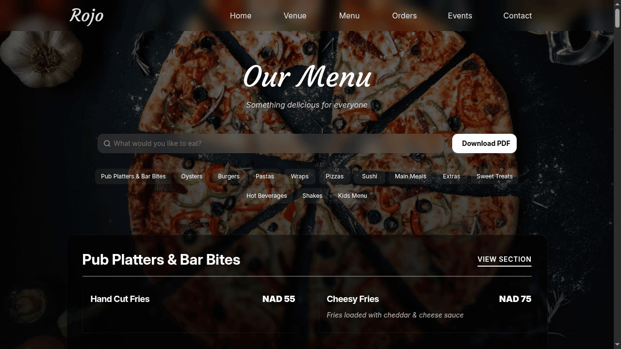 High Performance Website Menu showing the restaurant menu page