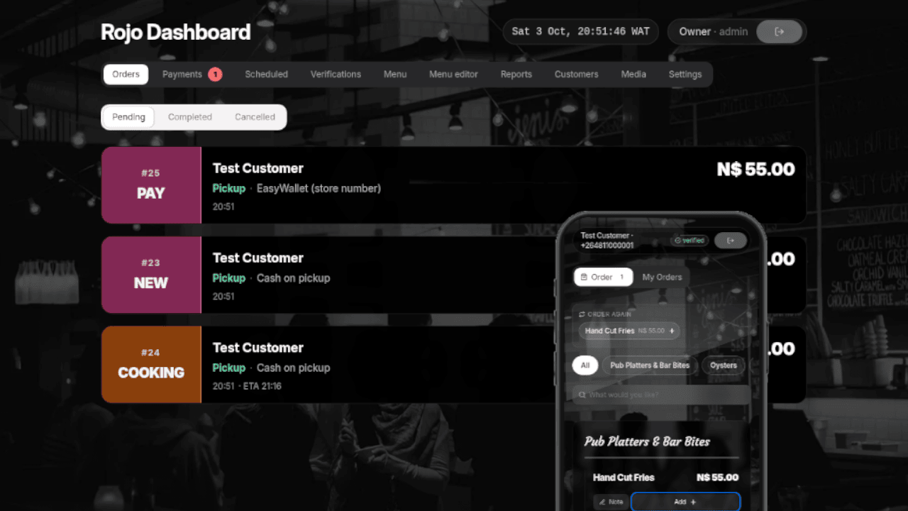 Rojo's ordering PWA showing menu, cart, and order tracking