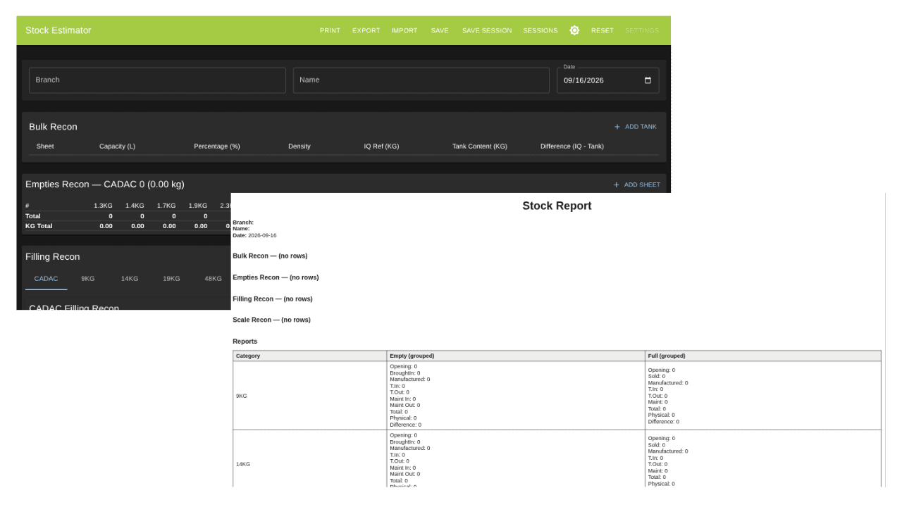 Stock Recon Tool interface showing stock reconciliation entries