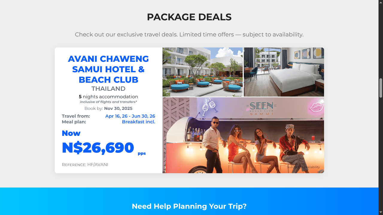 Travel Agency Package Generator dashboard showing generated package deals